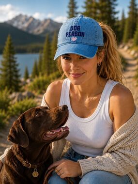 Dog Person Embroidered Denim Baseball Cap Adjustable Blue Hat Pink Heart Cotton